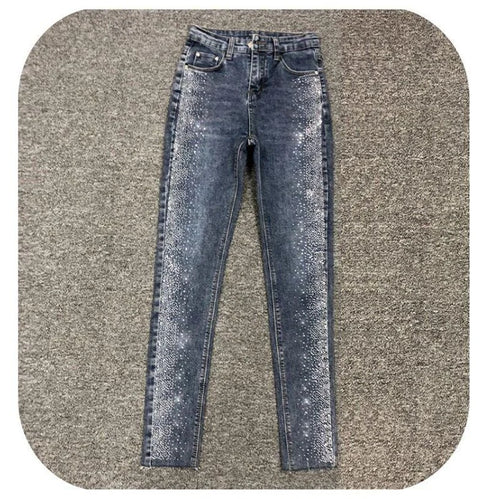 Fashion Rhinestone Jeans Female High Waist Slim Pencil Pants