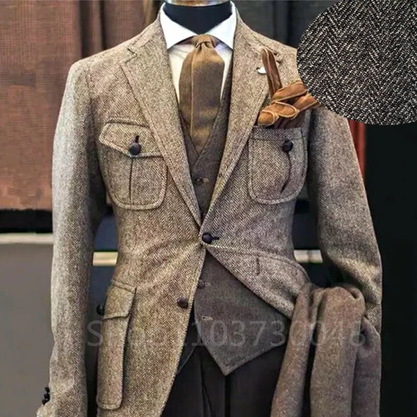 Men's Wool Tweed Blazer Suit - Formal Single Breasted Tuxedo Jacket for Business & Weddings