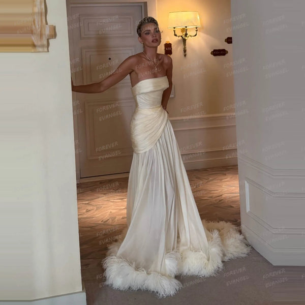 Backless Strapless Feathered A Line Wedding Dress With Draped Ruched Details Floor Length Bridal Gown