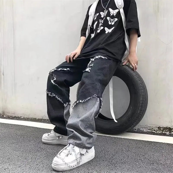 Mens Jeans Pants With Hole Casual Vintage Straight Leg Trousers