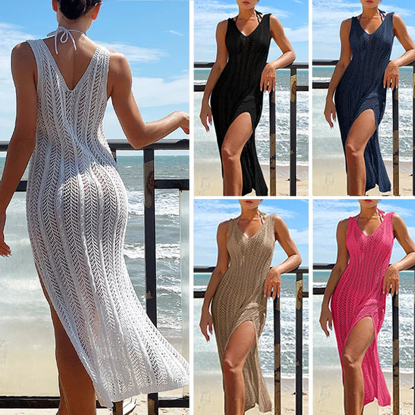 Beach Cover Up Maxi Dress Hollow Out Knit Sleeveless For Vacation Women's Dress