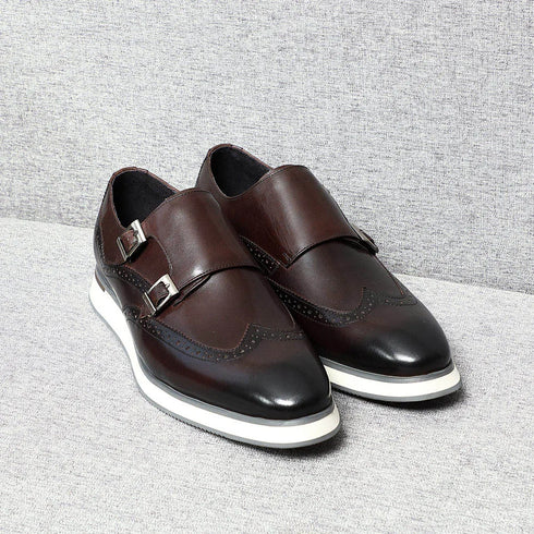 Luxury Mens Casual Sneakers Monk Strap Flats Genuine Leather Walk Shoes