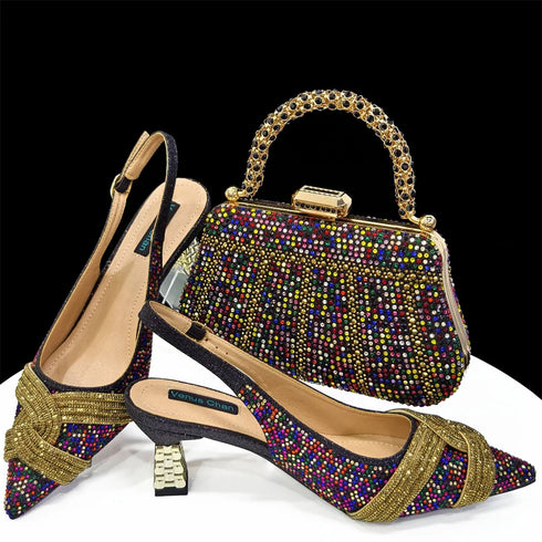 Italian Design Texture Shoes And Bags Rhinestones High Heels