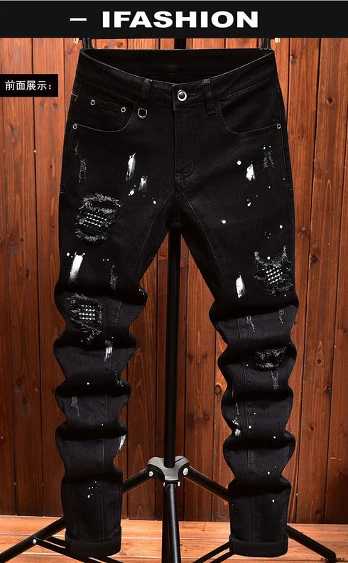 Retro Ripped Black Stretch Jeans Men's Casual Comfort Pants