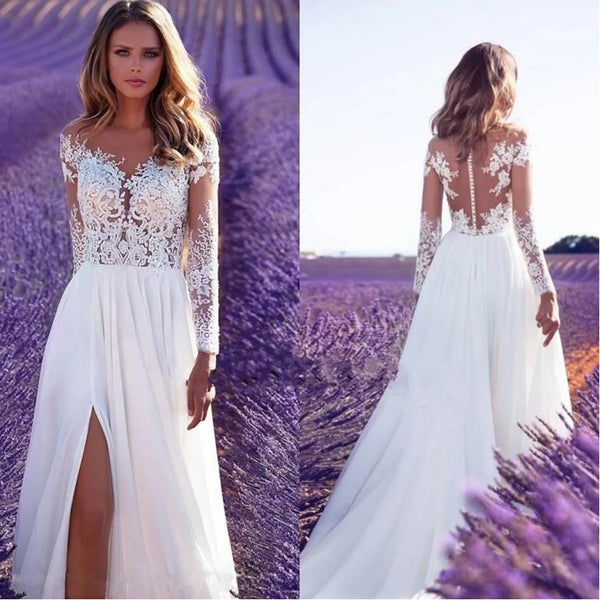 Long-Sleeved See-Through Lace Wedding Dress for Bridesmaid and Evening Events
