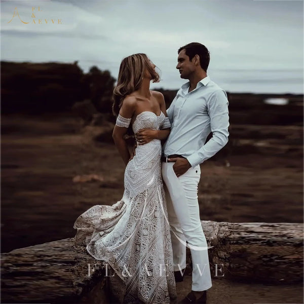 Boho Lace Mermaid Wedding Dresses With Removable Sleeve Gown
