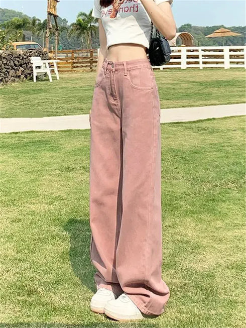 Y2k Pink High Waist Causal Wide Leg Jeans Women Straight Denim Pant