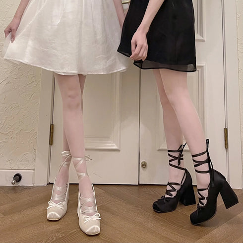 Elegant Chunky Heels Lolita Pumps for Women - Lace-Up Ballet Style Single Shoes for Spring and Autumn Parties, Fashionable French-Inspired Footwear with Square Toe and Super High Heel