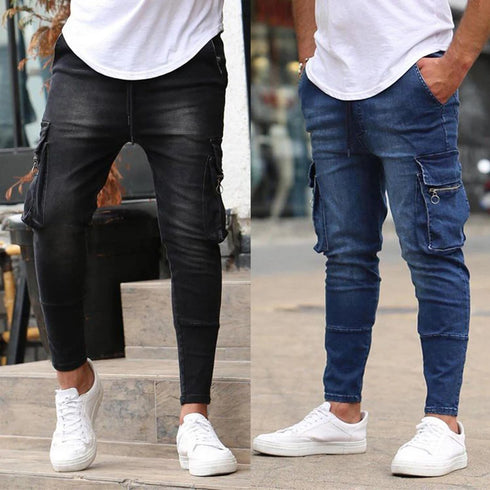 Fashion Streetwear Ripped Skinny Jeans Men Cargo Pants Slim Fit