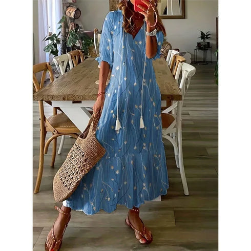 Floral Print Casual Dress for Women V Neck Half Sleeves Bohemian Holiday Beach Style