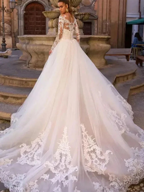 Luxury Mermaid Wedding Dresses O-neck Long Sleeve Appliques Lace Gowns