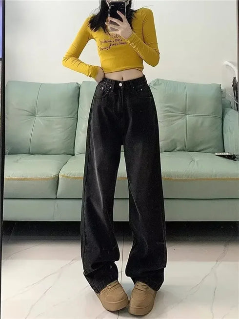 Trendy Vintage Fleece-lined Straight-leg Jeans for Women - Perfect for Autumn/Winter Loose-fit High-waisted Bell Bottoms - Fall Outfits with Jeans Inspiration