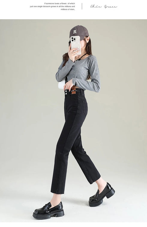 Slim Straight Elastic Denim Pipe Pants for Women - Versatile All-Season Trousers with Pockets and Tie Dye Details for Trendy Fall Outfits