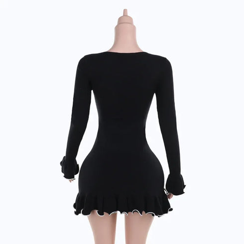 Knitted Ruffle Mini Dress for Women Elegant Bodycon Knit Sweater Dress for Autumn Winter