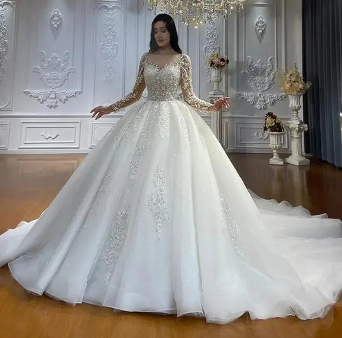 Customized Luxury Wedding Dress Illusion Neck Long Sleeves Lace Appliques Beads Bride Gowns
