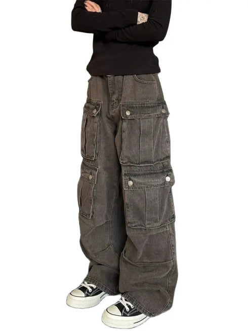 Baggy High Waist Cargo Jeans for Women - Vintage Japanese 2000s Style Denim Trousers Perfect for Fall Outfits and Aesthetic Streetwear