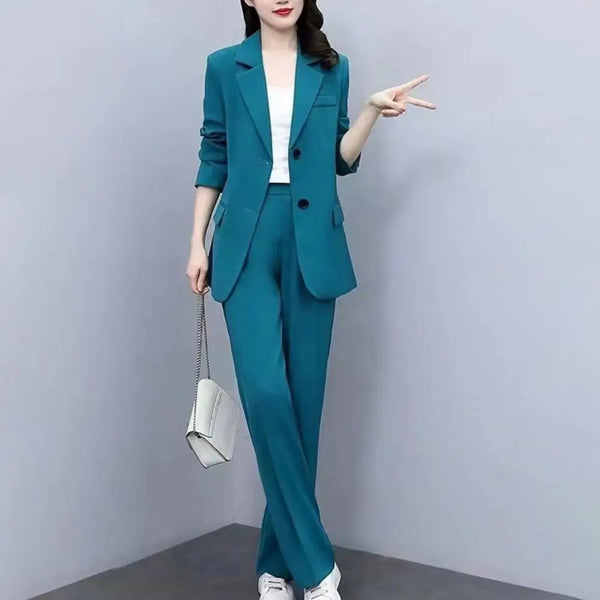Chic Women's Formal Business Coat and Wide Leg Pants Suit Set with Lapel Button Closure and Long Sleeve Cardigan for Autumn and Winter Elegance