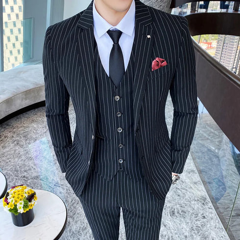 ( Jacket + Vest + Pants ) Prom Groom Tuxedos Male Wedding Suits 3Pcs Set Men's Striped Casual Business Suit