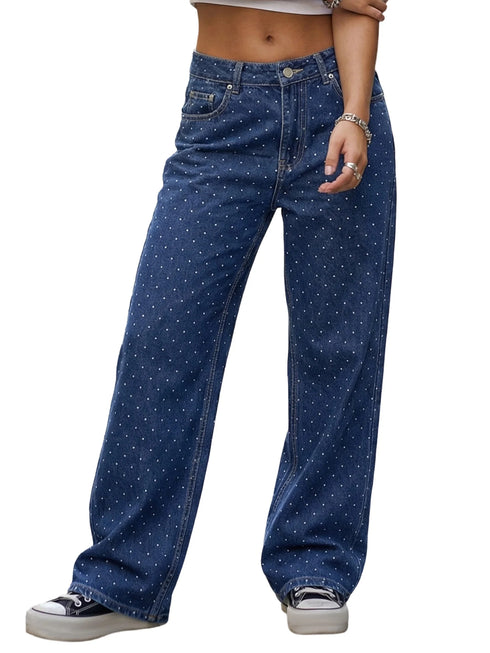Baggy Dot Print Jeans For Women, Casual Wide Leg Denim Pants With Pockets, Low Rise Comfort Fit