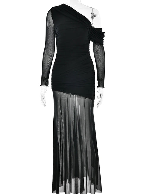 Oblique Shoulder Long Sleeve Maxi Dress for Women Elegant Patchwork Ruched Backless Slim Bodycon Dress