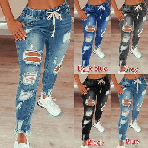 Casual Drawstring Denim Jeans for Women - Ripped Hole Stretch Skinny Pencil Pants Perfect for Fall Outfits Jeans and Homecoming Events