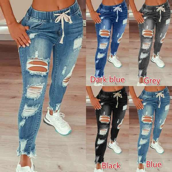 Casual Drawstring Denim Jeans for Women - Ripped Hole Stretch Skinny Pencil Pants Perfect for Fall Outfits Jeans and Homecoming Events