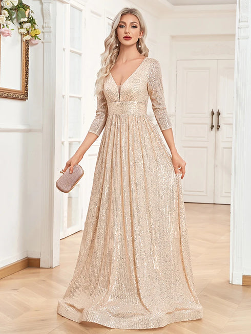 Elegant V Neck Long Sleeve Sequins Evening Gown for Formal Occasions