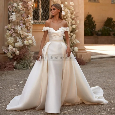 Customized Ivory Mermaid Wedding Dresses with Detachable Train and Off Shoulder 3D Flowers