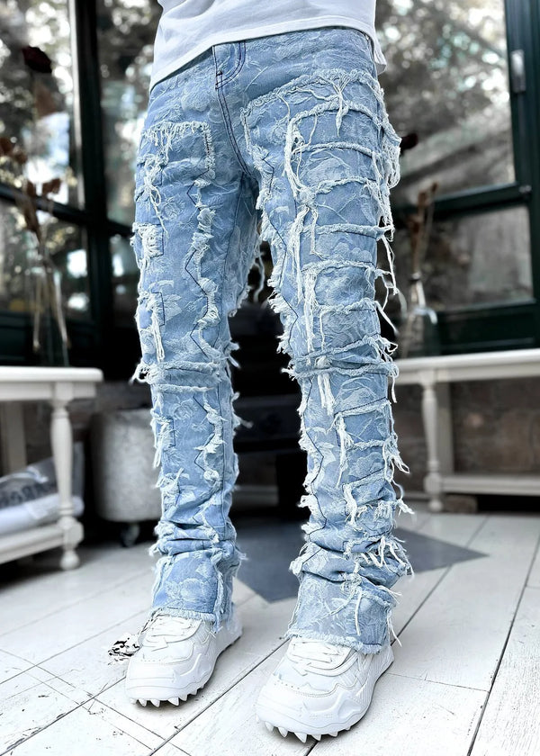 Printing Stretched Men's Stacked Jeans Patchwork Tassel Trousers