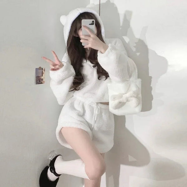 Korean Fluffy Long Sleeve Polar Fleece Hooded Tops and Y2K E-Girl High Waist Shorts Two Piece Sets