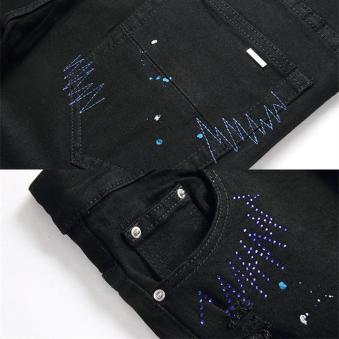 Men's Luxury Diamond Cross Jeans with Embroidered Leather Splice and Reflective Detailing - Perfect for High Street Style and Unique Fashion Statements