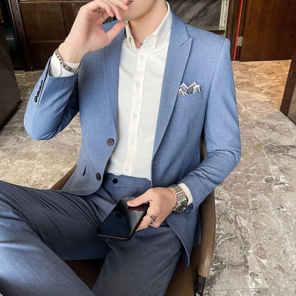 Stylish Slim-fit Men's Business Suit Set for Weddings and Banquets - Two-piece Slim Trousers and Jacket