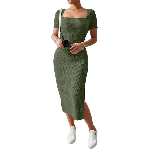 Versatile Summer Slit Dress with Square Neck and Hip-Hugging Skirt