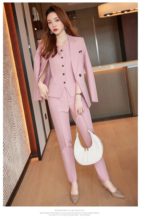 Chic Korean Fashion Women's 3-Piece Blazer Suit Set with Long Sleeve Vintage Jacket and Vest + Slim Straight Pencil Pants for Elegant Business Outfits
