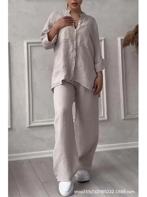 Chic Casual Women's Two Piece Set: Long Sleeve Pocket Shirt and Wide Leg Pants for Effortless Spring/Summer Style - Perfect Summer Outfits Inspo for the Modern Office Lady