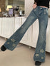 Fashion Blue Denim Pants Women Embroidery Star High Waist Slim Bell Bottoms Streetwear Vintage Kpop