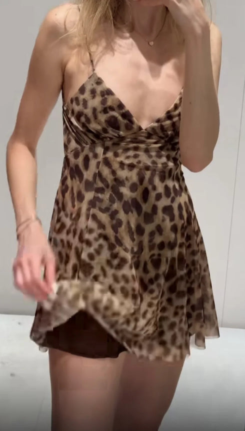 TRAF Women's Vacation Style Printed Silk Mesh V Neck Halter Mini Dress