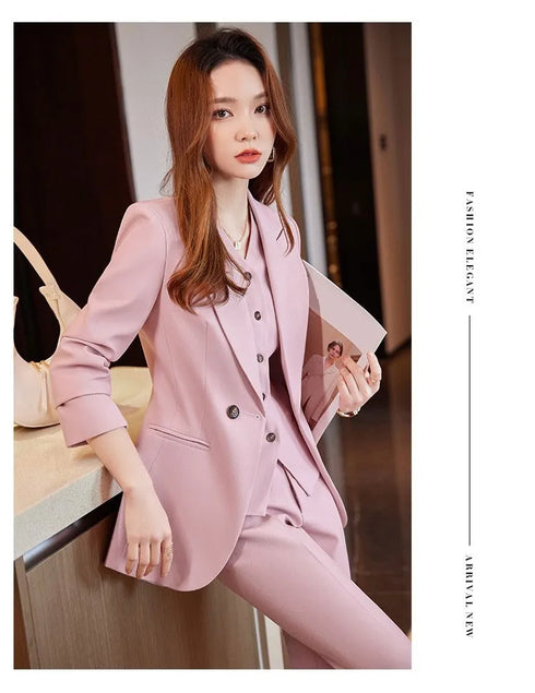 Chic Korean Fashion Women's 3-Piece Blazer Suit Set with Long Sleeve Vintage Jacket and Vest + Slim Straight Pencil Pants for Elegant Business Outfits