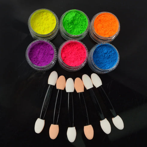 Vibrant 6-Piece Neon Pigment Powder Set for Nail Art, Fluorescent Glitter, Chrome Pearlescent Finish, Epoxy Resin, and Eyeshadow Applications