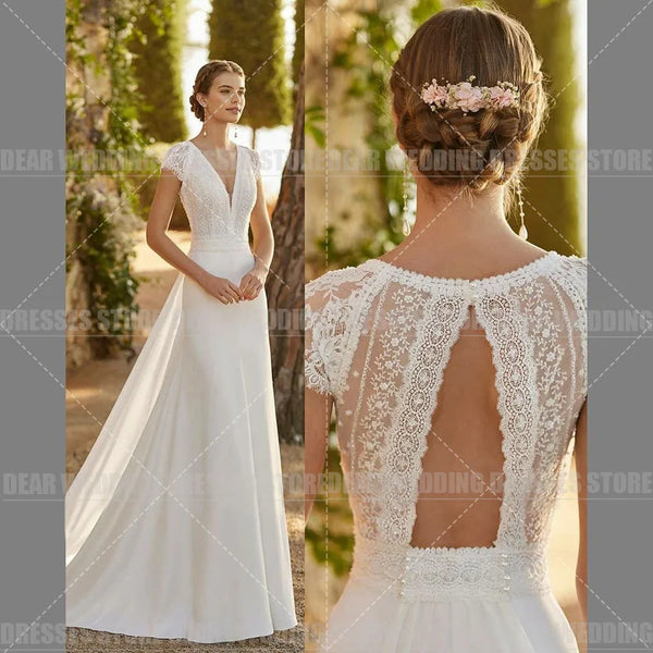 Boho A Line Wedding Dress Lace Applique Backless V Neck Bohemian Bridal Gown For Brides