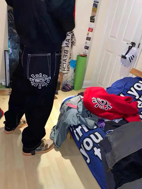 Streetwear Black Logo Print Baggy Jeans for Men and Women