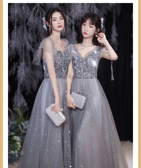 Off Shoulder Lace Illusion A Line Dress Floor Length Glitter Tulle Bow Bridesmaid Dress