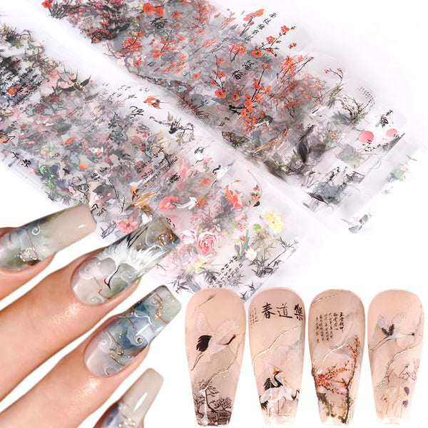Elegant Chinese Character Nail Art Foils - 10pcs Crane, Bamboo, Gold Fish, and Flower Slider Stickers for Stunning Gel Polish Nail Decoration, Marble Nail Designs, BEDXK12