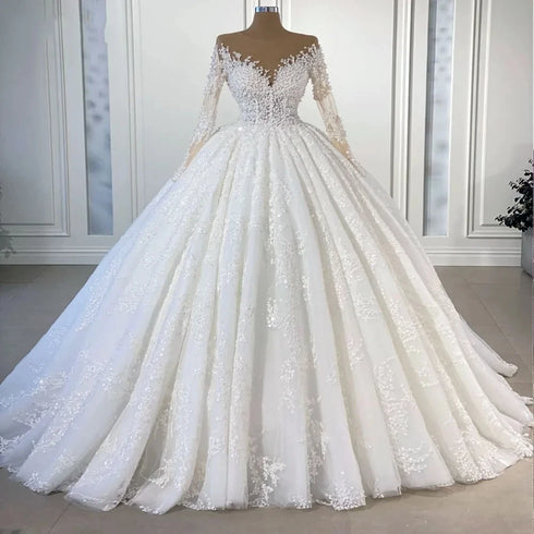 Customized Elegant Wedding Dress Illusion Neck Long Sleeves Lace Appliques Pearls Beads Bride Gowns
