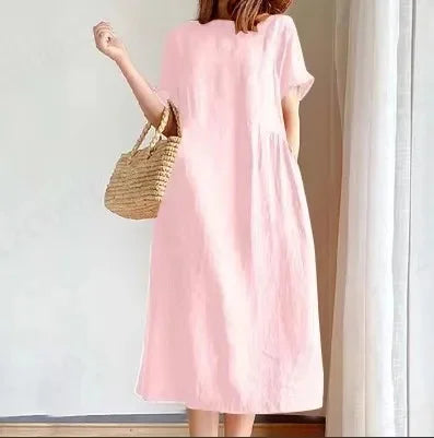 Loose Fit Slimming Cotton Linen Dress for Women Summer Plus Size Mid-Length Skirt