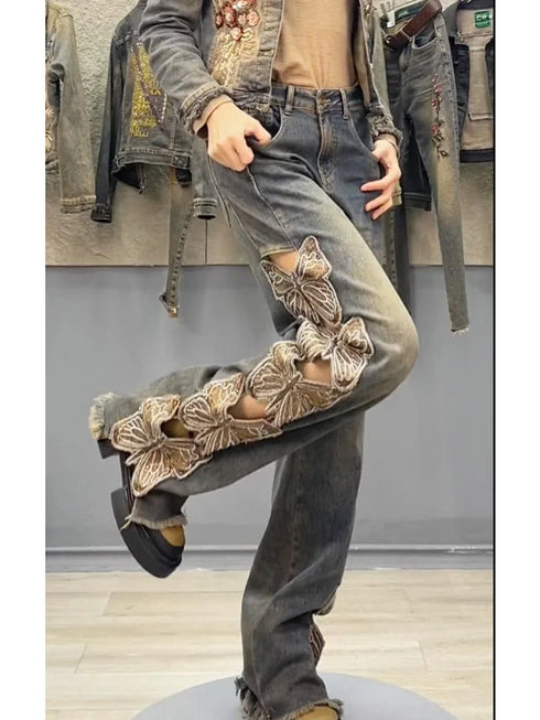 Y2K-Inspired Women's High Waist Denim Pants with Butterfly Embroidery - Loose Fit Straight Ripped Jeans Perfect for Streetwear and Fall Outfits with Jeans
