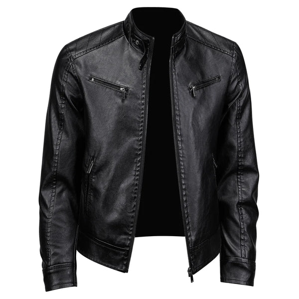 Men's Luxury Winter Leather Jacket with Stand Up Collar - Stylish Windproof Coat for Casual Wear - Vintage Slim Fit Motorcycle Outerwear for Men