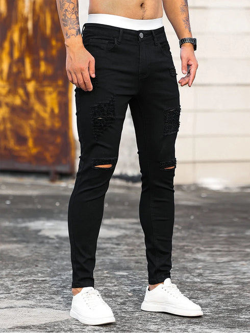 Trendy Men's Ripped Denim Pencil Pants for Casual Street Style