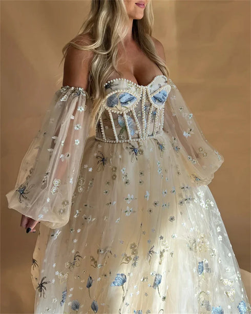 Amanda Princess Flower Lace A-Line Wedding Dress Puffy Sleeve Side Split Bridal Gown