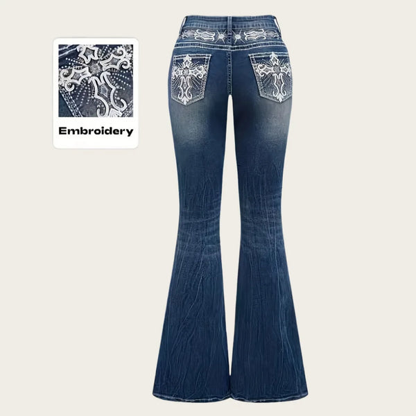 Flare Jeans For Women Vintage Bootcut Embroidery Rhinestone Pockets Distressed Denim Jeans